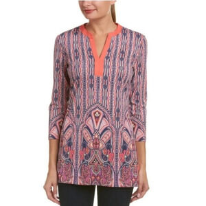 J. McLaughlin Navy Purple Mayan Paisley Catalina Cloth Boca Tunic Top Size Small